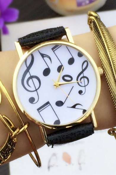 Fashion Unisex Notes Pattern Pu Band Quartz Watch