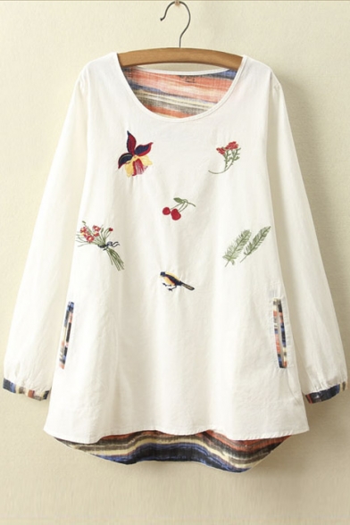 New Arrival Embroidered Detail Long Sleeve Cotton Linen Shift Dress