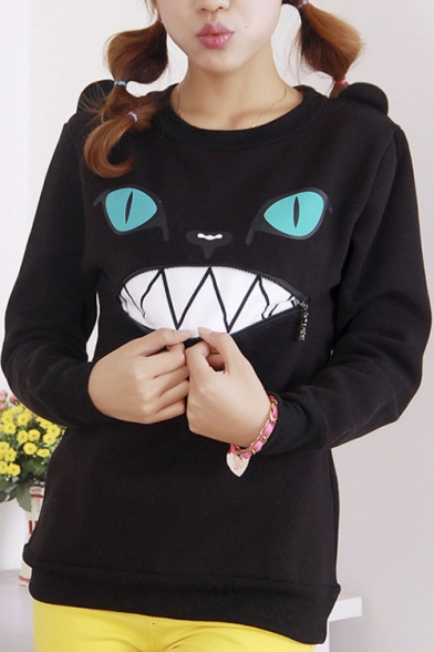 Women Zip Mouth Smile Shoulder 3D Ear Cat Jumper Sweatshirt Top
