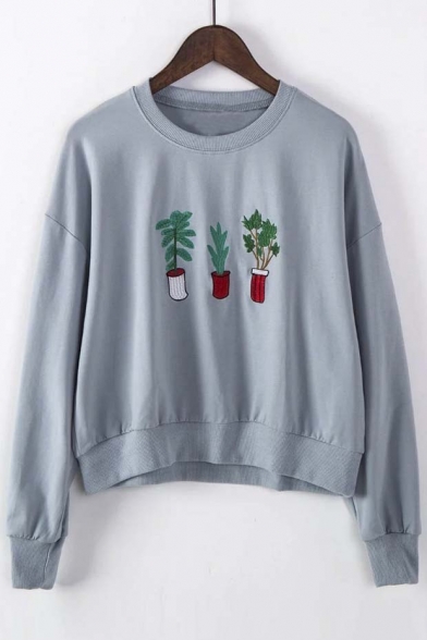 Fashion Cactus Embroidered Long Sleeve Round Neck Sweatshirt