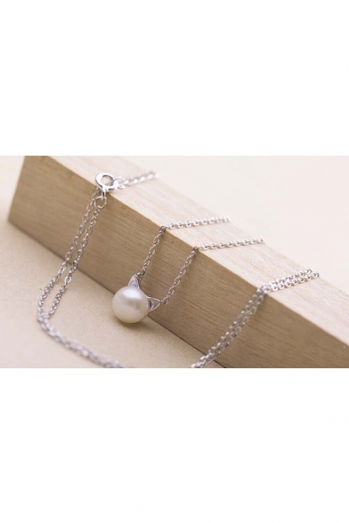 Fashionable Cute  Pearl Cat Ears Pendant Necklace