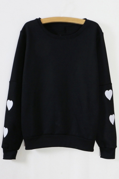 Fashionable Embroidered Heart Long Sleeve Round Neck Sweatshirt