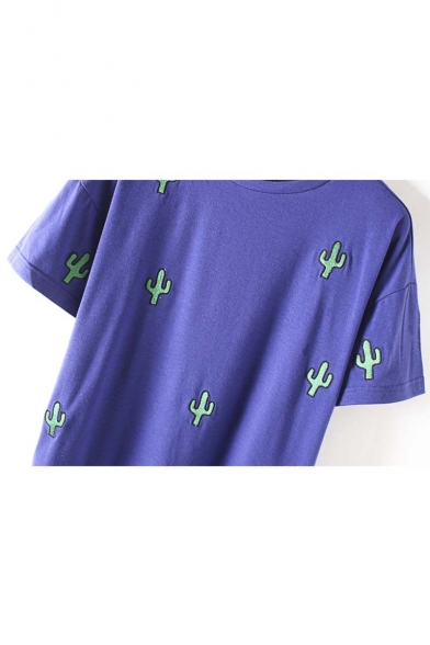 Fashion Embroidered Cactus Round Neck Short Sleeve T-shirt