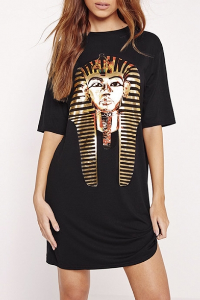 Fashion Egyptian Print Casual T-Shirt Dress Black