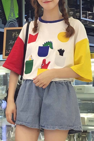 Fashionable Color Block Geo Print Loose Fit Round Neck Short Sleeve T-shirt