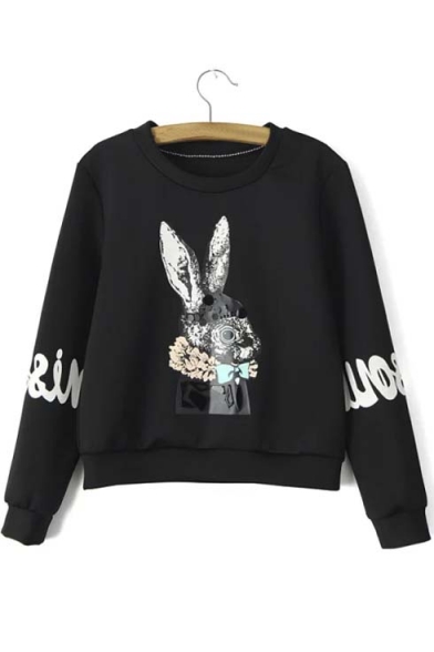 New Arrival Fashion Cute Rabbit Print Round Neck Fleece Sweatshirt