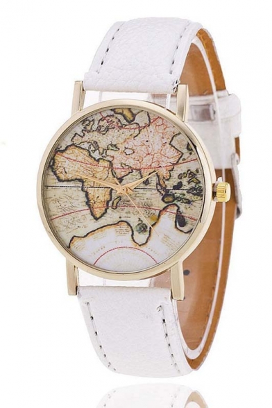 Women's Fashion Map Printed Dial Leather Band Quartz Watch