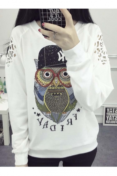 Fashion Owl Print Cut Out Long Sleeve Round Neck Sweatshirt