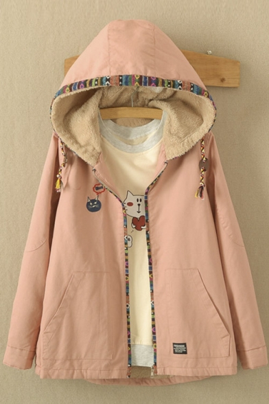 New Arrival Contrast Trim Drawstring Hooded Fleece Coat with Pocket