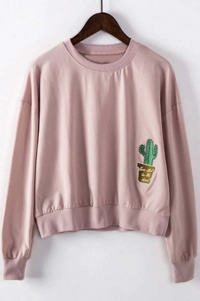 New Arrival Popular Cactus Embroidered Round Neck Long Sleeve Sweatshirt
