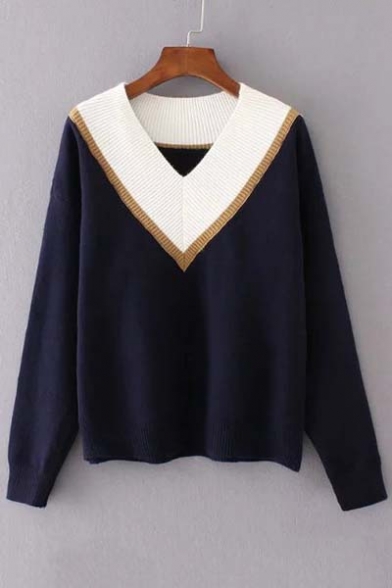 Contrast V-neck Long Sleeve Sweater