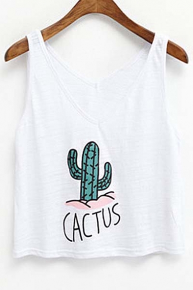 Fashion Cute Cactus Print V-neck Sleeveless Top White/Black