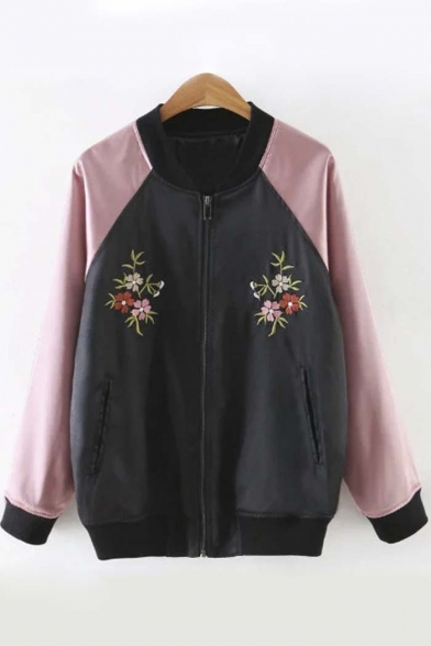 Fashion Floral Embroidered Color Block Raglan Sleeve Baseball Jacket