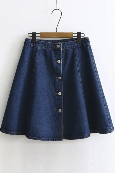 Popular Button Front A-line Denim Skirt