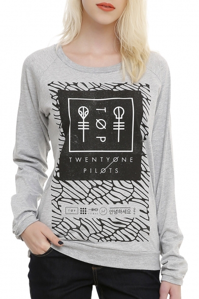 

Pattern Logo Print Grey Long Sleeve Cute Pullovers Sweatshirts, LC423553