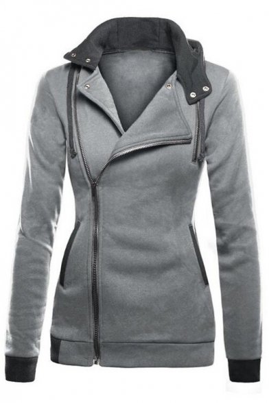 Mikilon Womens Oblique Zipper Slim Fit Lapal Jacket Coat