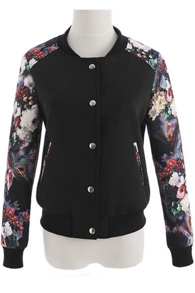 Floral Long Sleeve Baseball Jacket Black/White