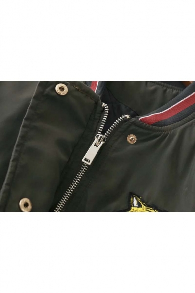 New Arrival Contrast Trim Tiger Embroidered Stand Collar Baseball Jacket