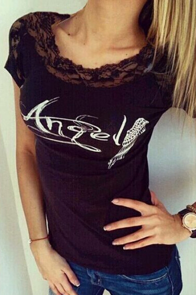 Fashion Angel Wings Printed Lace Insert Short Sleeve T-shirt
