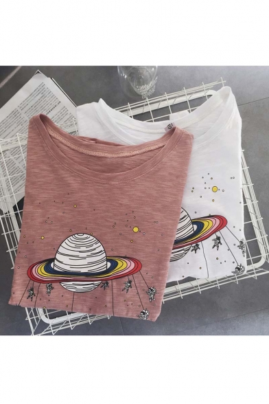 Fashion Cartoon Planet and Astronauts Print Round Neck Short Sleeve T-shirt