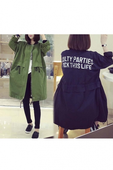 New Arrival Letter Print Zip Front  Drawstring Waist Midi Coat with Pocket