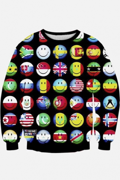 Unisex 3d Smile Face Print Crew Neck Long Sleeve Pullover Sweatshirts S-XL