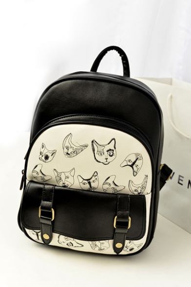 Fashion Color Block Cat Pattern PU Backpack School Bag Travel Bag