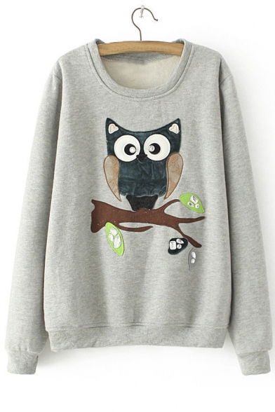 Fashionable Cartoon Owl Print Long Sleeve Round Neck Fleece Sweatshirt