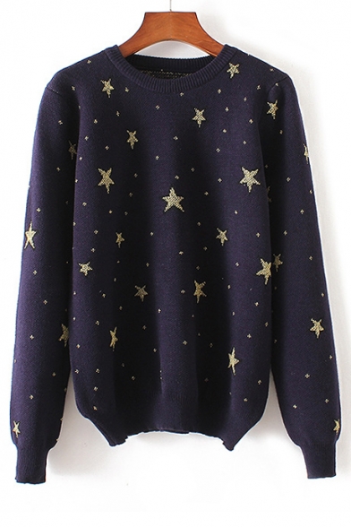 New Arrival Star Print Round Neck Long Sleeve Sweater