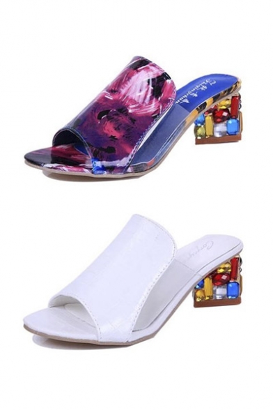 Transparent Beaded Color Match Crystal Square Heel Sandals Slippers