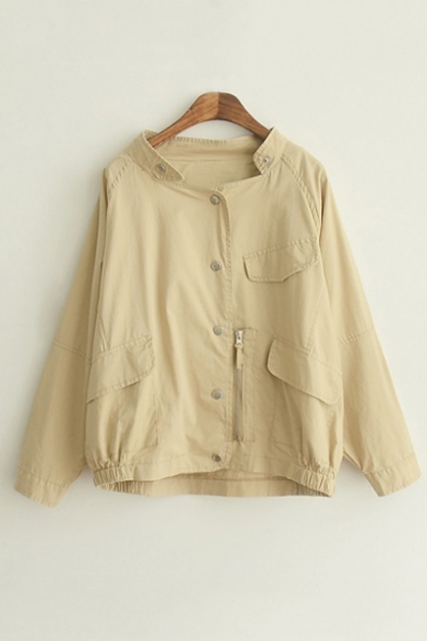 New Arrival Snap Button Long Sleeve Coat with Zip Detail