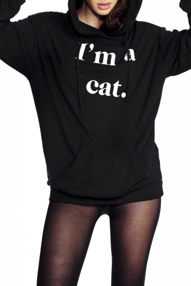 Women's Black Hooded Neck Letter Print Cat Ear with Pockets Hoodie