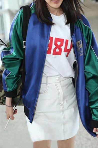 Women's Fashion Reversible Embroidered Rose Detail Baseball Jacket