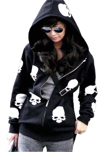 Women's Fashion Skull Hoodies Outwear Zip Up Hooded Coats Jackets
