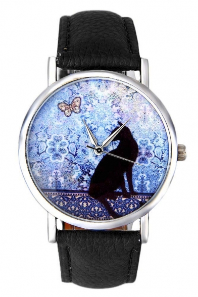 New Arrival Fashion Cat Floral Dial Leather Band Watch