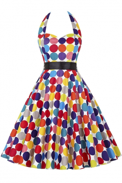 New Arrival Women's Colorful Polka Dot Print Halter Dress