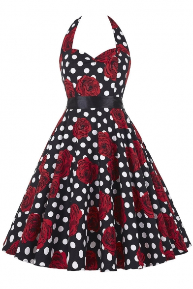 Vintage Self-tie Halter Polka Dot Floral A-line Dress