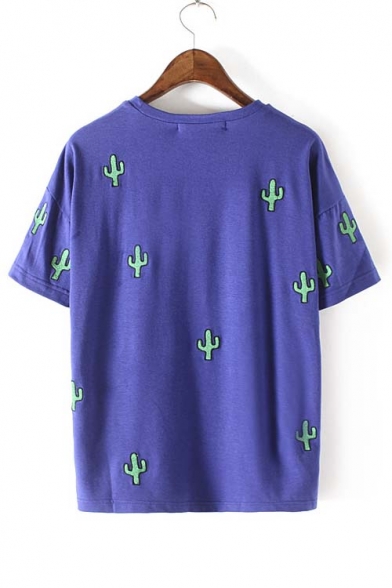 Fashion Embroidered Cactus Round Neck Short Sleeve T-shirt