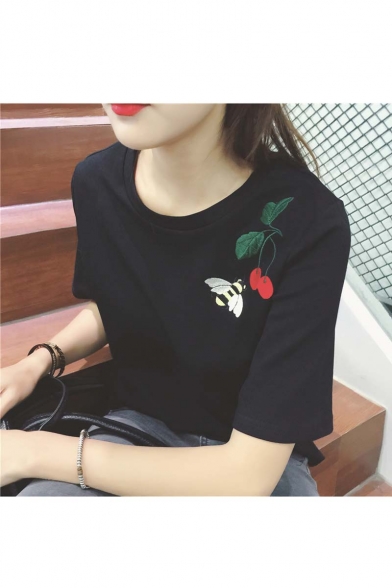 Fashion Bee Cherry Embroidered Short Sleeve Round Neck T-shirt