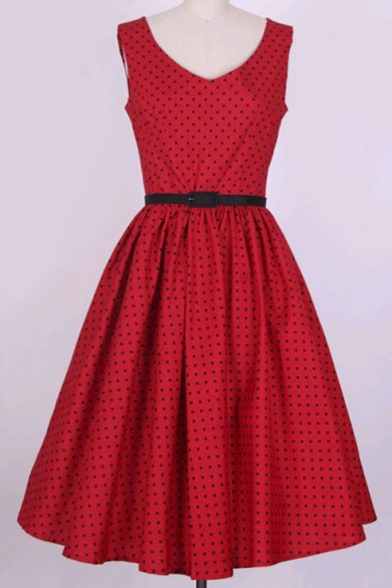 Vintage Polka Dot Print V-neck Sleeveless Dress Swing Midi Dress