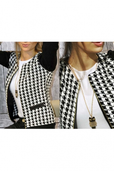 Women's Fashion Houndstooth Print Color Block Long Sleeve Coat