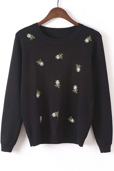 Embroidery Floral Print Round Neck Long Sleeve Sweater
