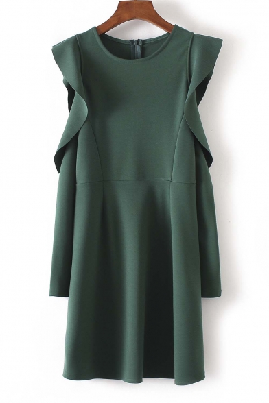 Fashion Ruffle Sleeve Round Neck Zip-Back  Mini Dress