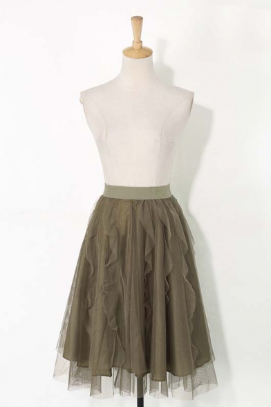 Mesh Elastic Waist Asymmetric Hem A-Line Skirt
