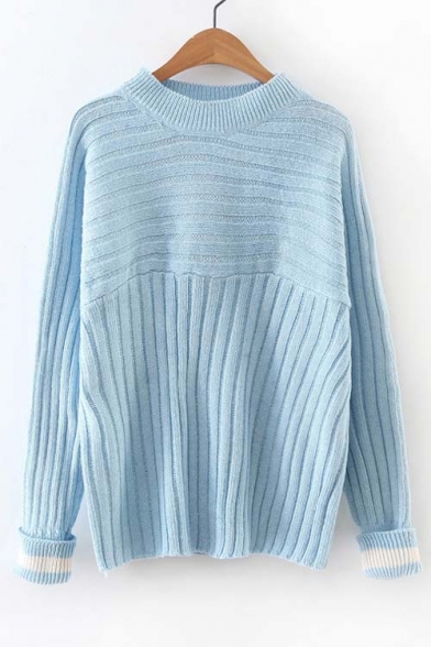 Horizontal Vertical Striped Turn Up Cuffs Round Neck Long Sleeve Sweater