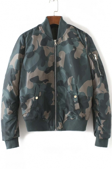 Stand-Up Collar Zipper Placket Elastic Trim Long Sleeve Camouflage Jacket