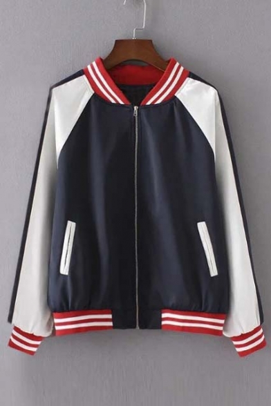 Stand-Up Collar Long Sleeve Zipper Front Color Block Bomber Jacket