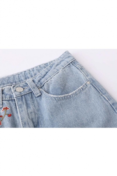 Trendy Embroidery Floral Ripped Cuffs Mid Waist Jeans