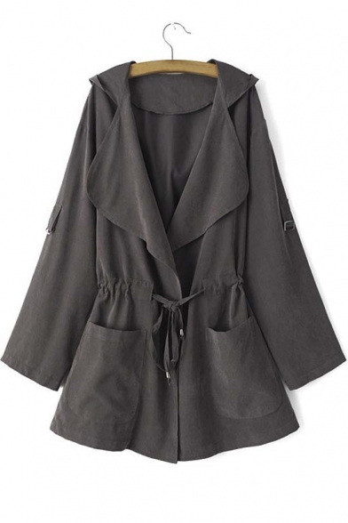 Women's Fashion Drawstring Waist Hooded Trench Coat with Pocket