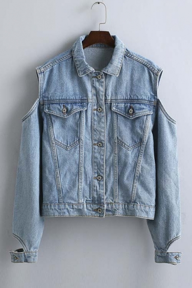 Fall New Fashion Sexy Cold Shoulder Cut Out Detail Denim Coat